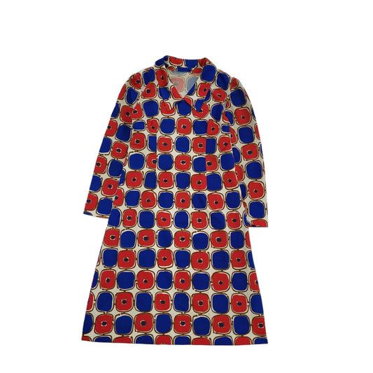 70s Vintage Red & Blue Geometric Long Sleeve Shift Dress Women's Size 14