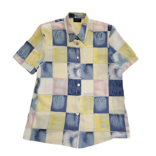 Canda Vintage 80s Abstract Check Mother Of Pearl Button Blouse Women's Uk 12