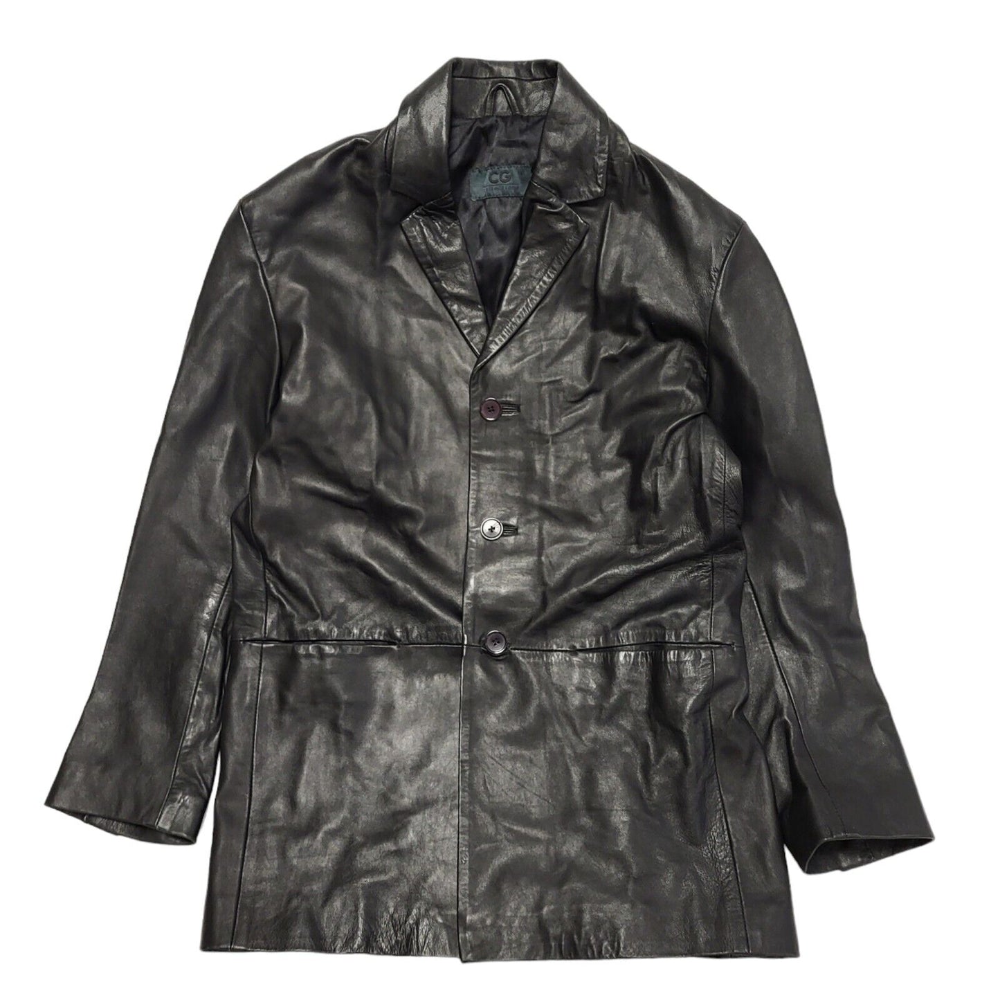 CG 80s Vintage Black Button Leather Jacket Uk Men's Size Large