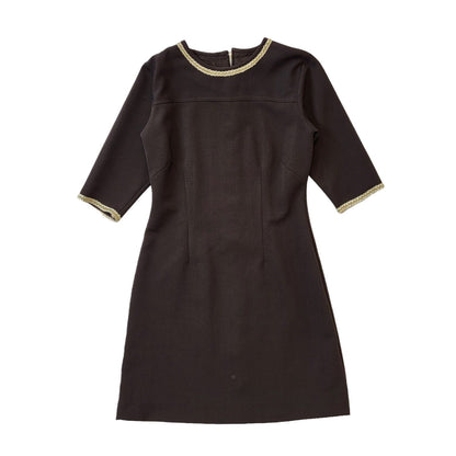 70s Vintage Brown Shift Dress With Gold Trim Women's Size 12