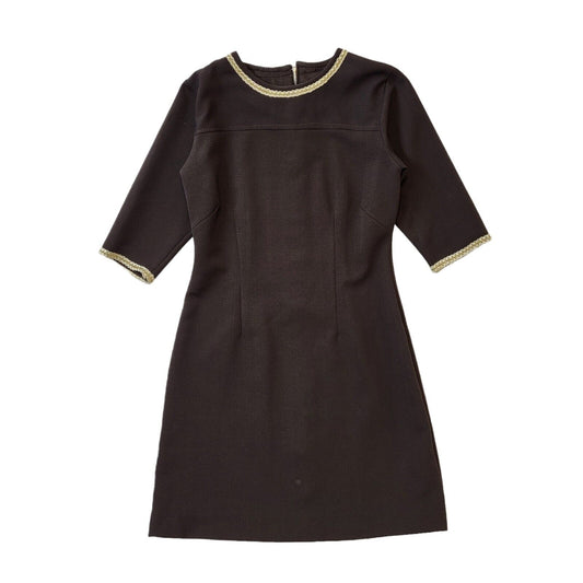 70s Vintage Brown Shift Dress With Gold Trim Women's Size 12