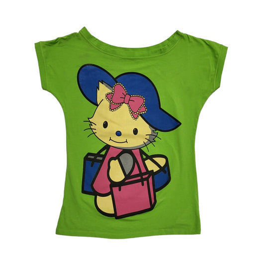 BBK Vintage 80's Green Cat Print Short Sleeve T-Shirt Womens UK 14