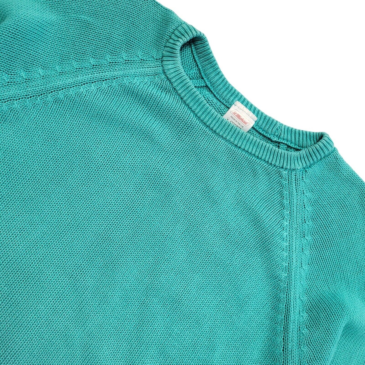St Michael Vintage 80s Turquoise Crew Neck Cotton Jumper Men's Size M