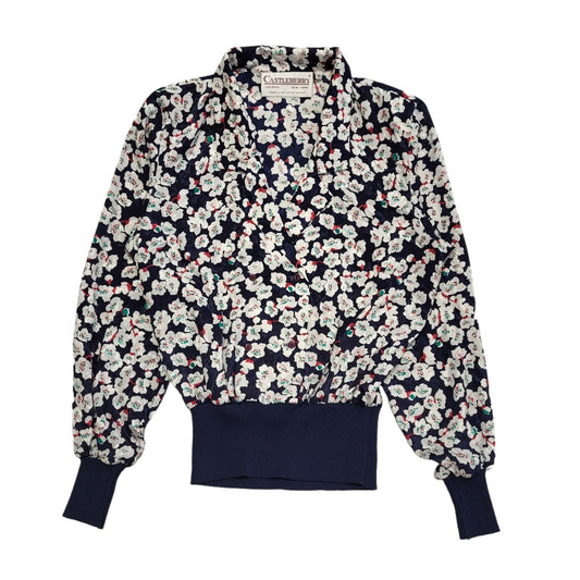 Castle Berry Vintage 90s Blue & White Floral Blouse Uk Women's Size 8