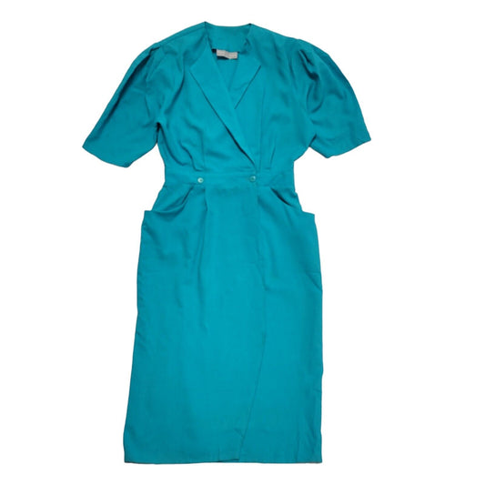 70s Vintage Principles Turquoise Wrap Collared 2 Pocket Dress Women's 14