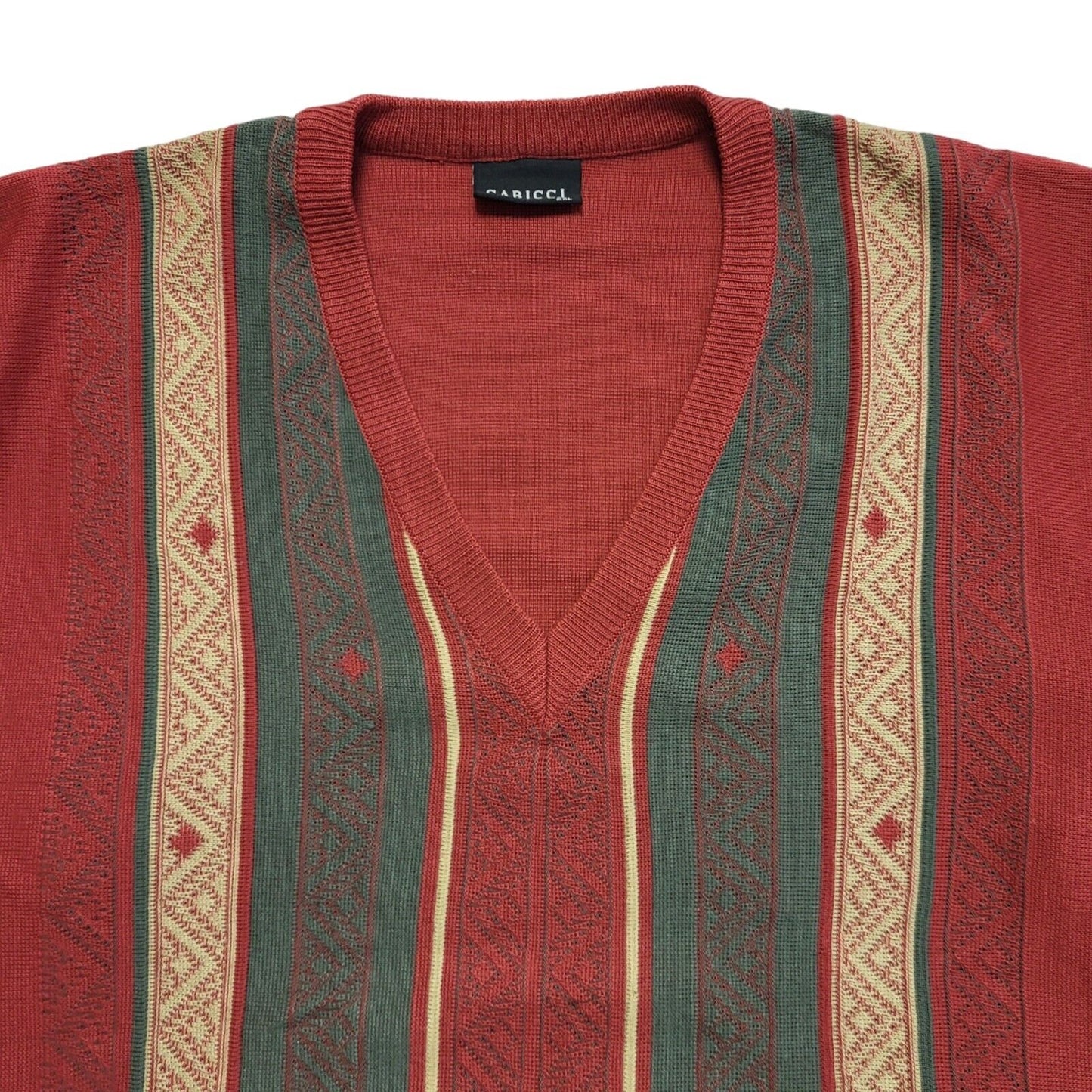 Gabicci Vintage 80s Red Green Striped V-Neck Jumper Men's UK 2XL