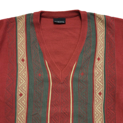 Gabicci Vintage 80s Red Green Striped V-Neck Jumper Men's UK 2XL