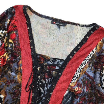 Fashion Flair Y2K Floral Lace Up Flared Sleeve Top Women's UK Size XL
