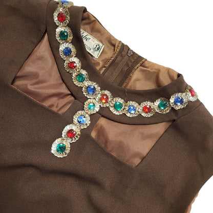 70s Vintage Ma Robe Brown Jewelled Neck Shift Dress Women's 12