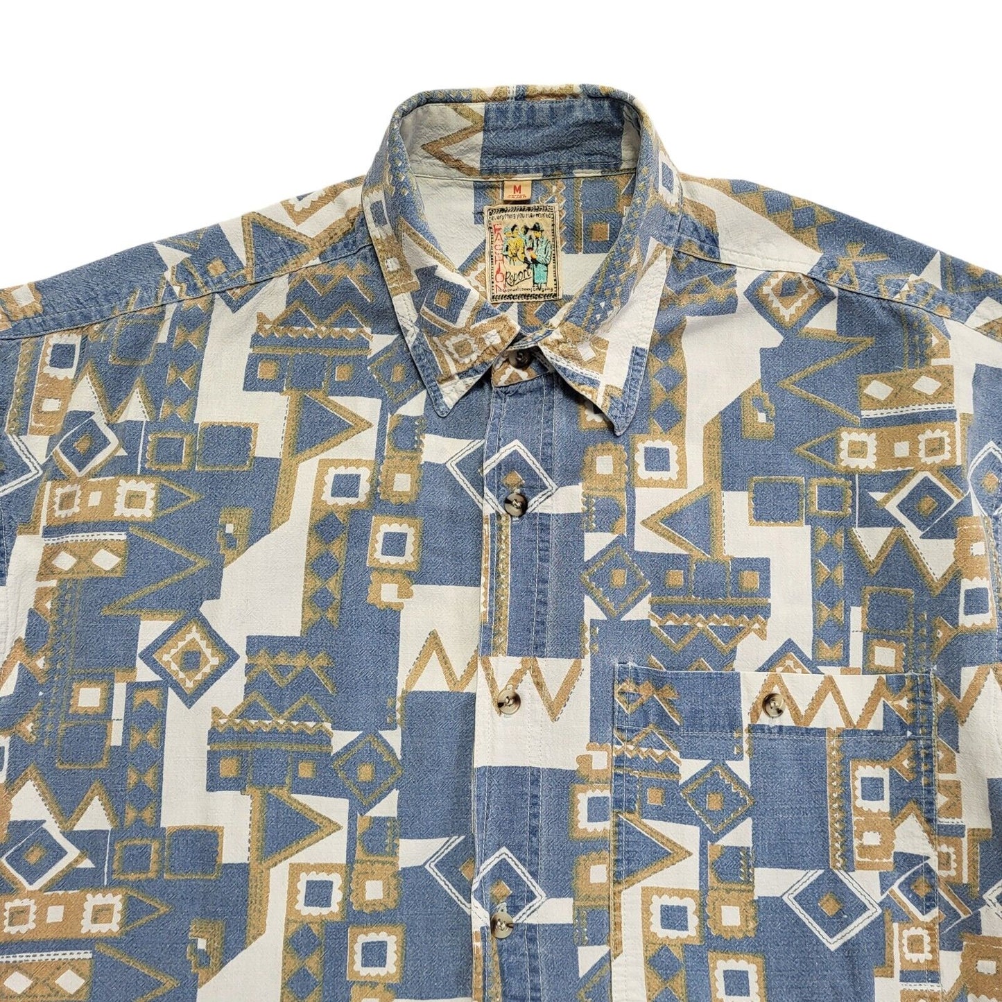 Fashion 90s Blue White Abstract Short Sleeve Retro Shirt Uk Men's Size M