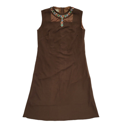 70s Vintage Ma Robe Brown Jewelled Neck Shift Dress Women's 12