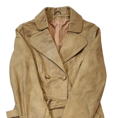 Vintage 70s Vintage Beige Belted Button Up Leather Jacket Women's Size M