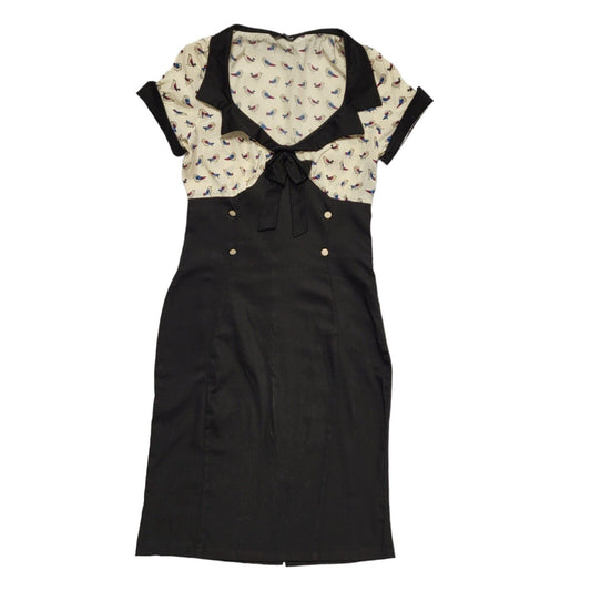 Vintage 90s Black Cream Birds Short Sleeve Dress Uk Women's Size 10 W28