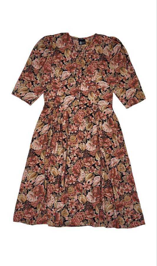 90s Vintage Sixth Sense Brown Floral Print Pleated Daywear Dress Women's Size 16