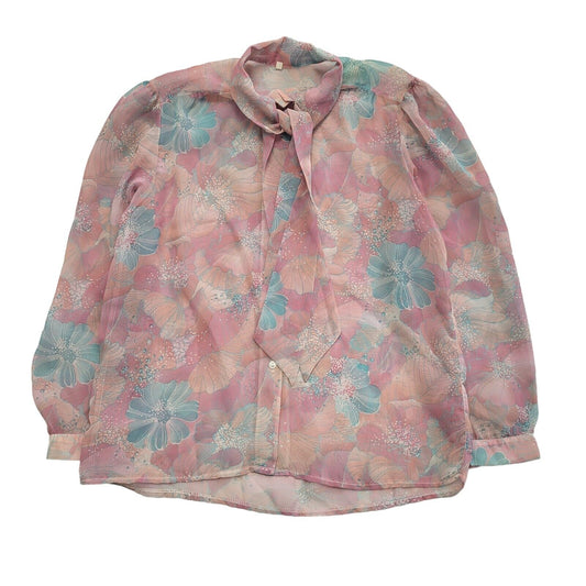 Vintage 70s Pink Blue Floral Long Sleeve Blouse Uk Women's Size 16