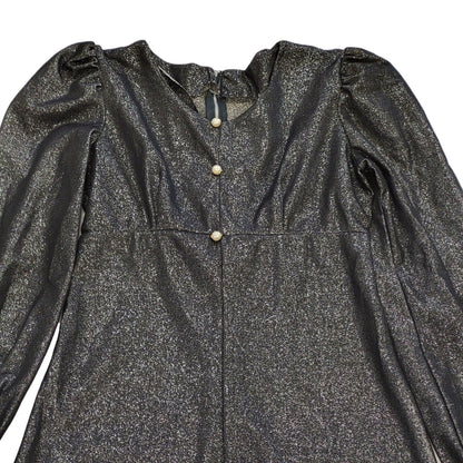 70s Vintage Black Sparkly Buttoned Balloon Sleeve Maxi Dress Women's Size 10