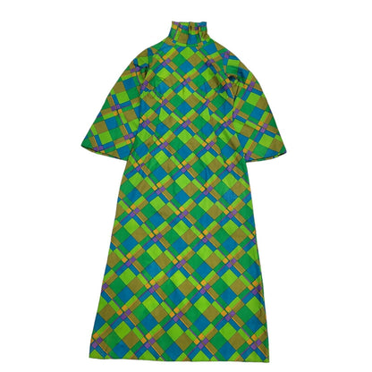 70s Vintage Green & Blue Geometric Zipped Shift Midi Dress Women's Size 10