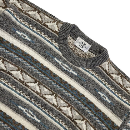 Menspunt Vintage 80s Grey Blue Geometric Crew Neck Jumper Men's UK L