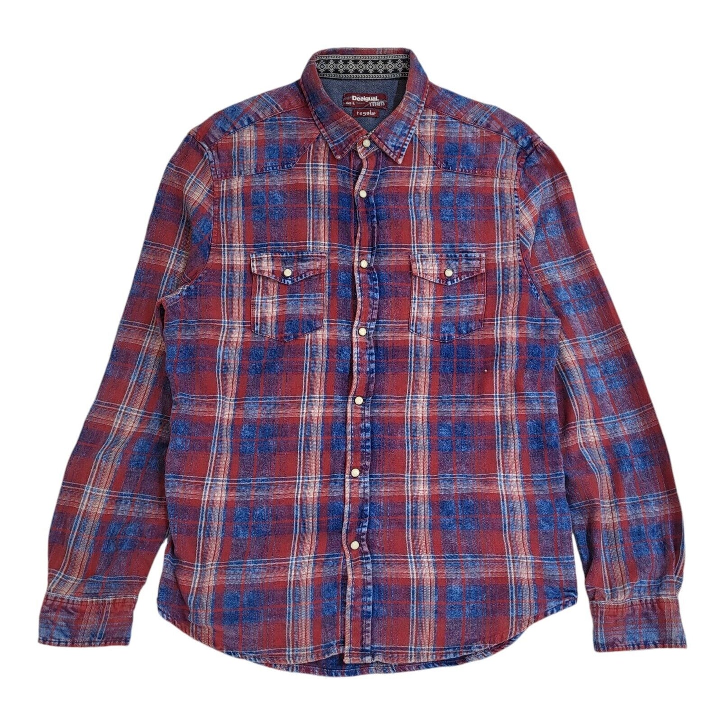 Desigual Y2k Red & Blue Check Pearl Snap Long Sleeve Shirt Uk Men's Size Large