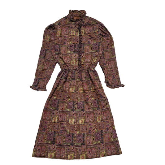 Vintage 70's Purple Gold Patterned Ruffled Trim Long Sleeve Dress Womens UK M 10