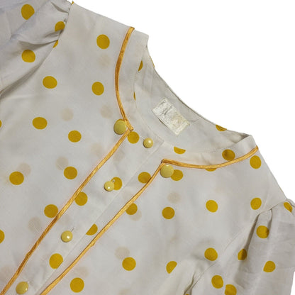 70s Vintage Dame Paris White Mustard Polka Dot Buttone Pleated Dress Women's 12