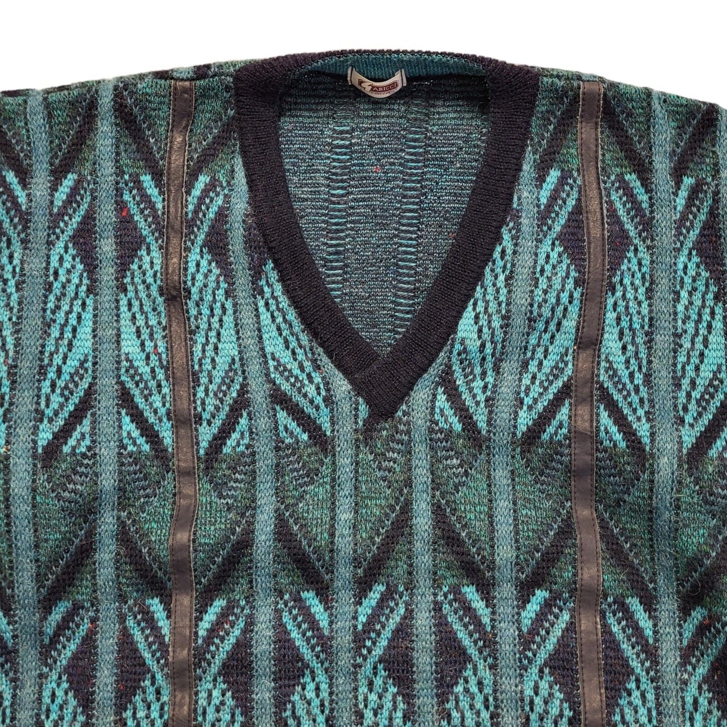 Gabicci Vintage 80s Blue Geometric V-Neck Jumper Men's UK L