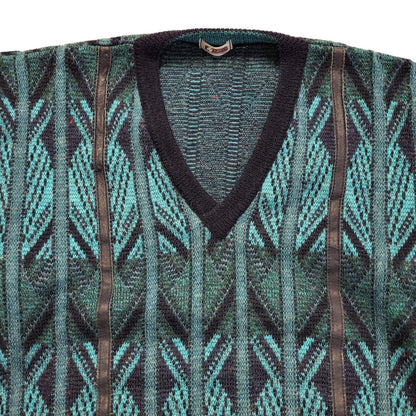 Gabicci Vintage 80s Blue Geometric V-Neck Jumper Men's UK L