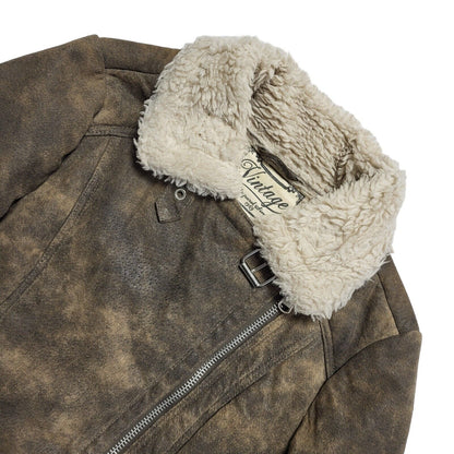 New Look Brown Zipped Suede Leather Jacket Uk Women's Size 10