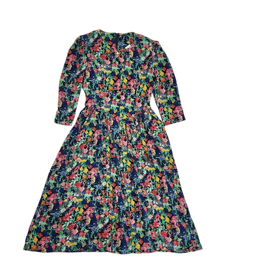 Vintage 80s Blue Pink Floral 3/4 Sleeve A-Line Dress Uk Women's Size 10