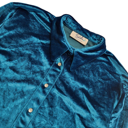 Girls 90s Vintage Blue Pearl Snap Velvet Blouse Women's Medium