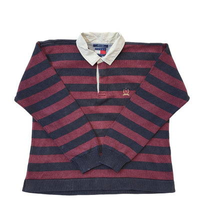 Tommy Hilfiger 90's Vintage Maroon & Black Stripe Collared Jumper Men's Size L