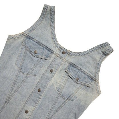 Casual Club Vintage 80's Blue Denim Snap Button Midi Dress Womens UK 10