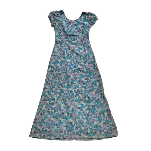 Vintage 70s Blue Purple Floral Short Sleeve A-Line Dress Uk Women's Size 10