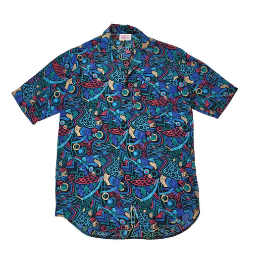 Simon Jersey 90s Vintage Blue Abstract Short Sleeve Shirt Men's Size S