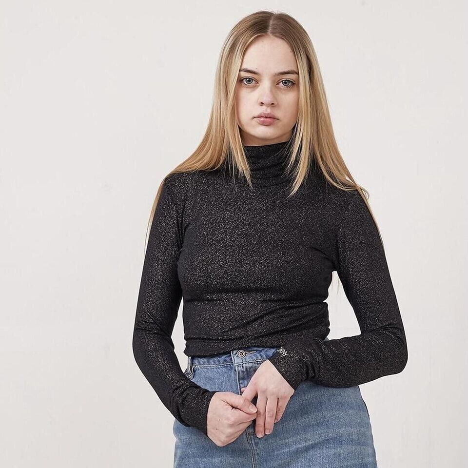 DKNY Vintage 90's Black & Silver Roll Neck Long Sleeve Top Womens UK Size 14