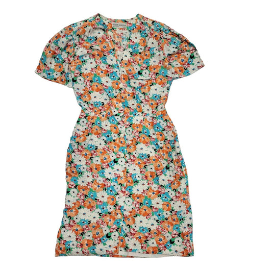 70s Vintage Claude Bouzon Orange Floral  Pencil Buttoned Dress Women's 12