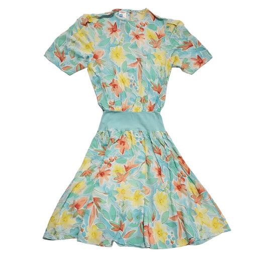 St Michael Vintage 80's Blue Floral Daywear Dress Uk Women's Size 14