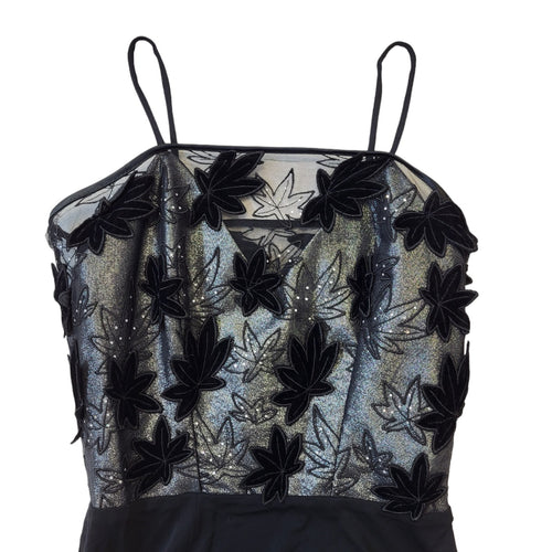 70s Vintage Black Floral Detail Evening Dress Women's Size Small EU 36