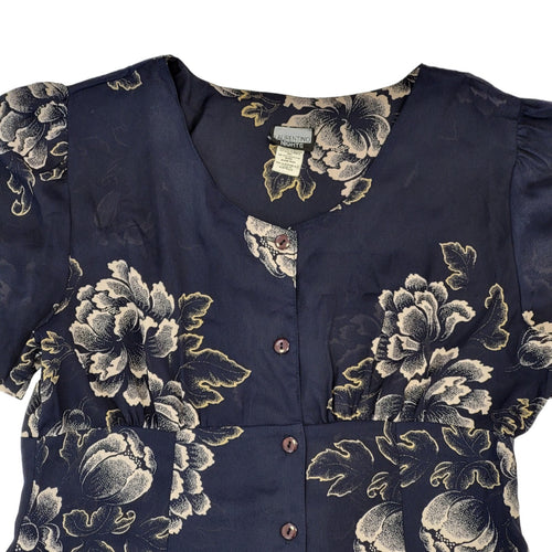 90s Vintage Laurentino Navy Floral Buttoned Daywear Dress Women's Size 16