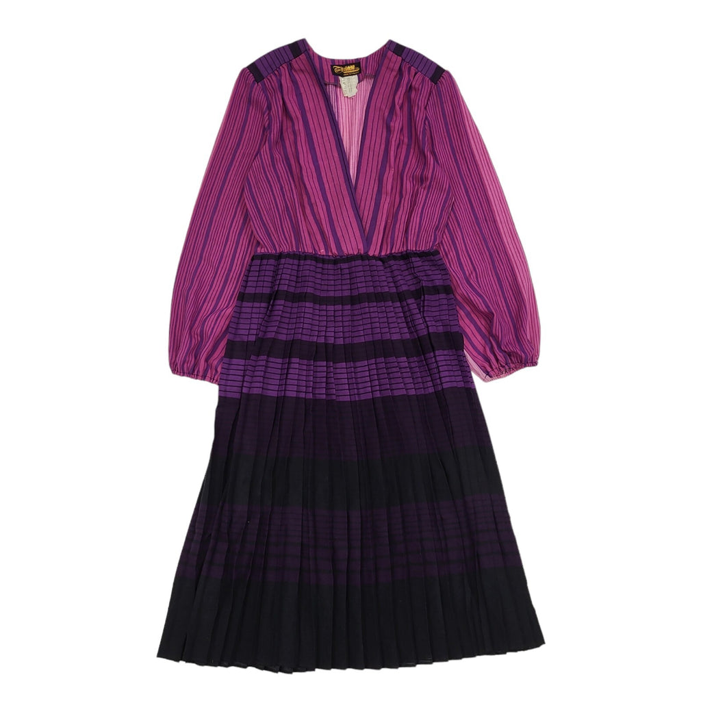 80s Purple Striped V-Neck Balloon Sleeve Pleated Dress Women's 12