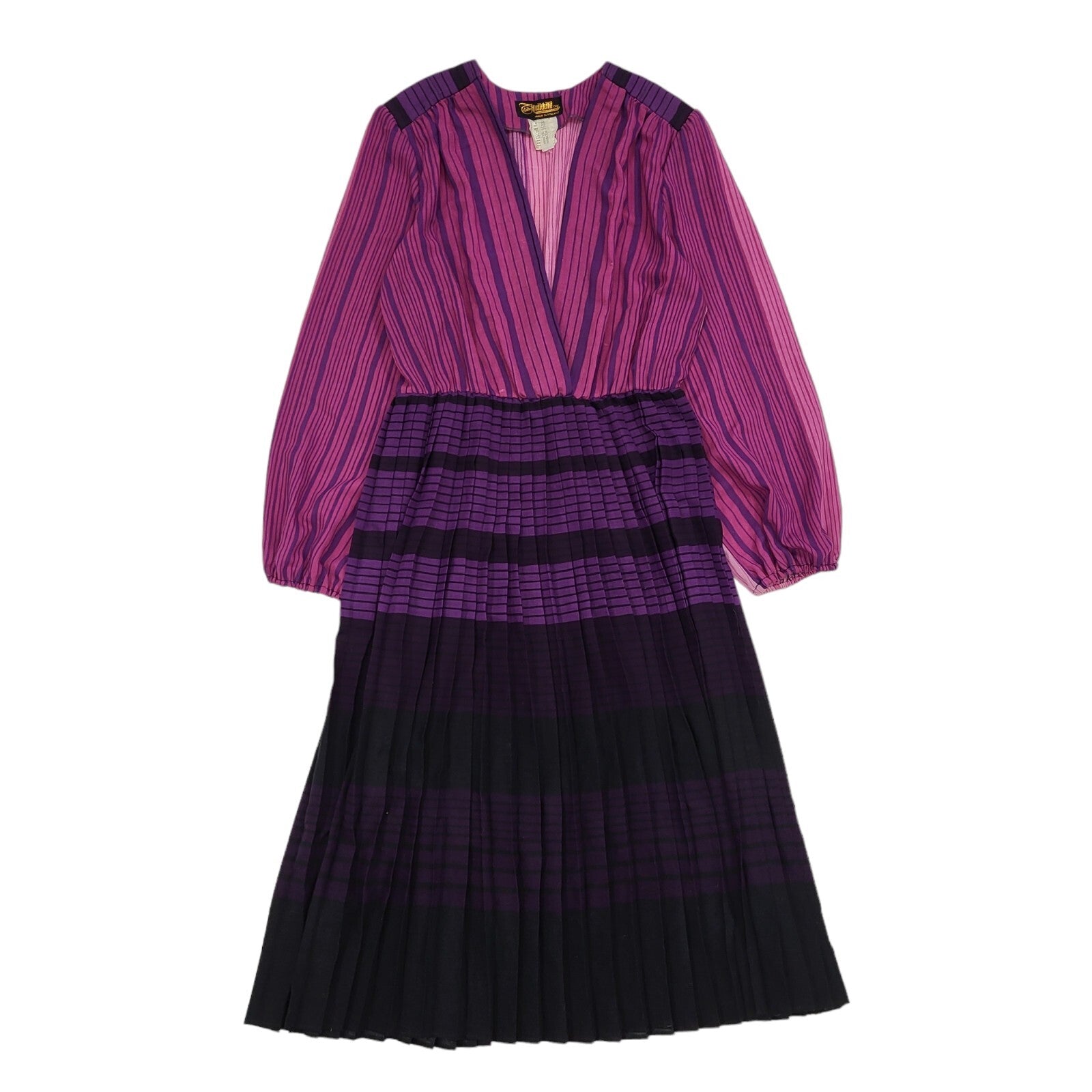 80s Purple Striped V-Neck Balloon Sleeve Pleated Dress Women's 12