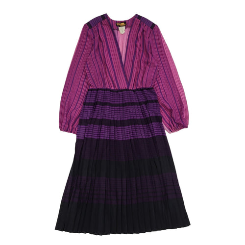80s Purple Striped V-Neck Balloon Sleeve Pleated Dress Women's 12