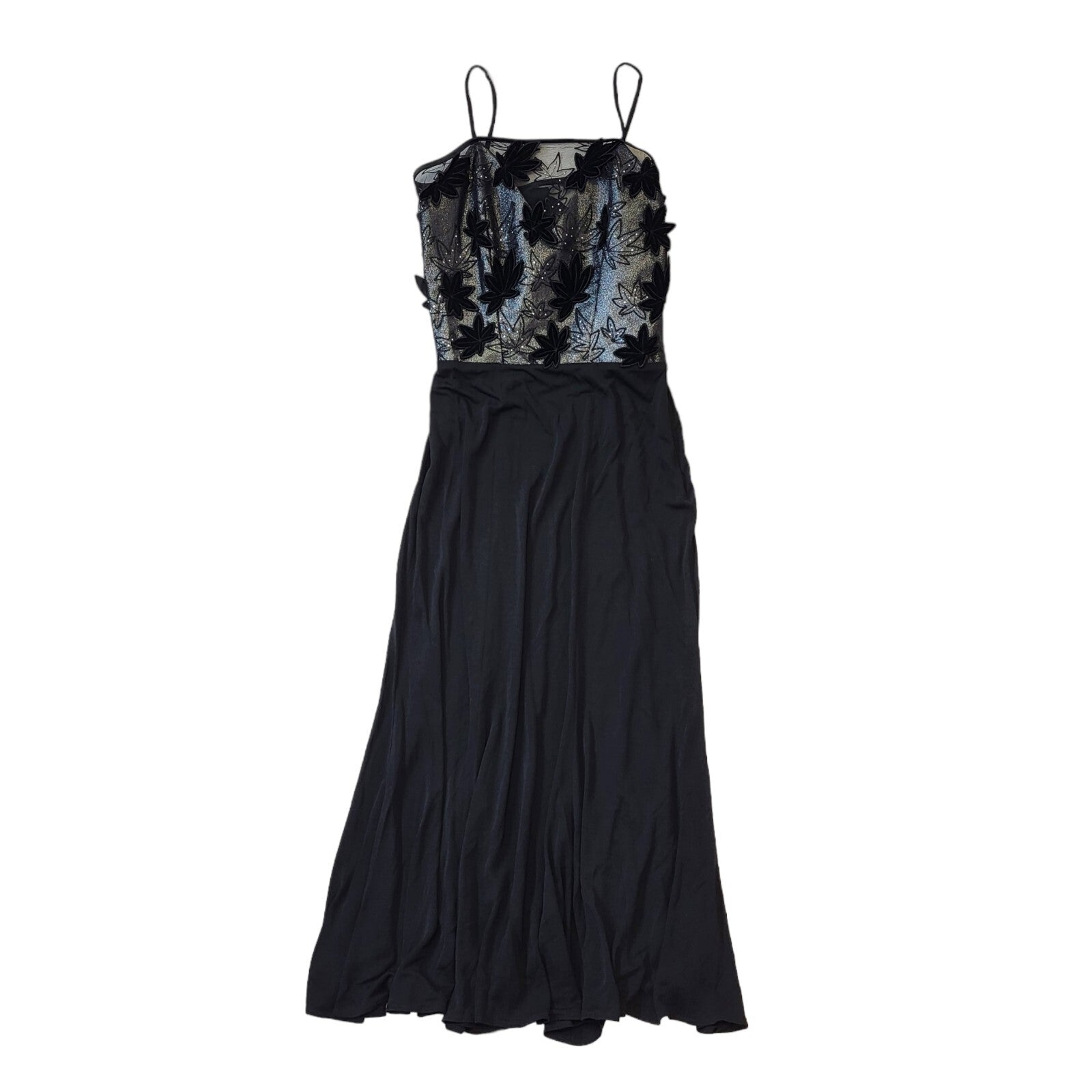 70s Vintage Black Floral Detail Evening Dress Women's Size Small EU 36