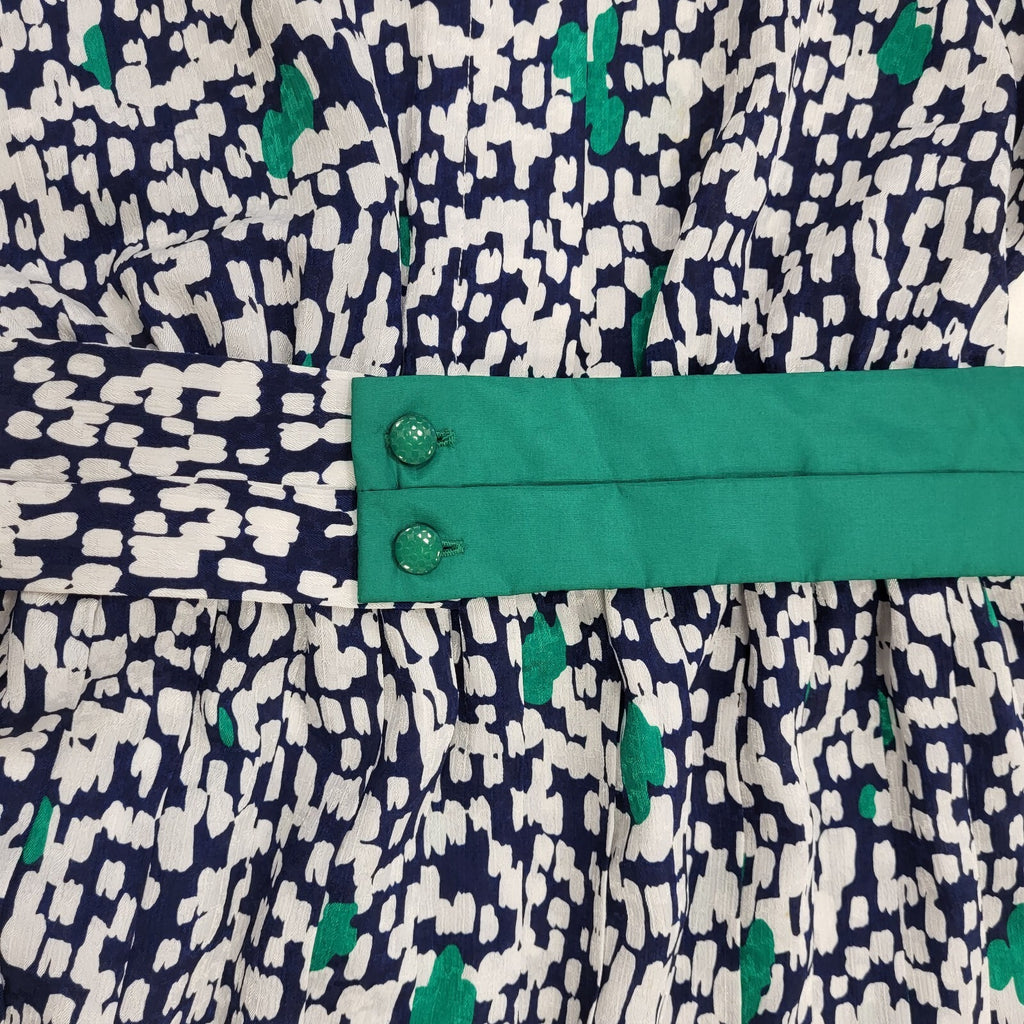 Dollina 80s Vintage Patterned Navy & White Belted Daywear Dress Women's 12
