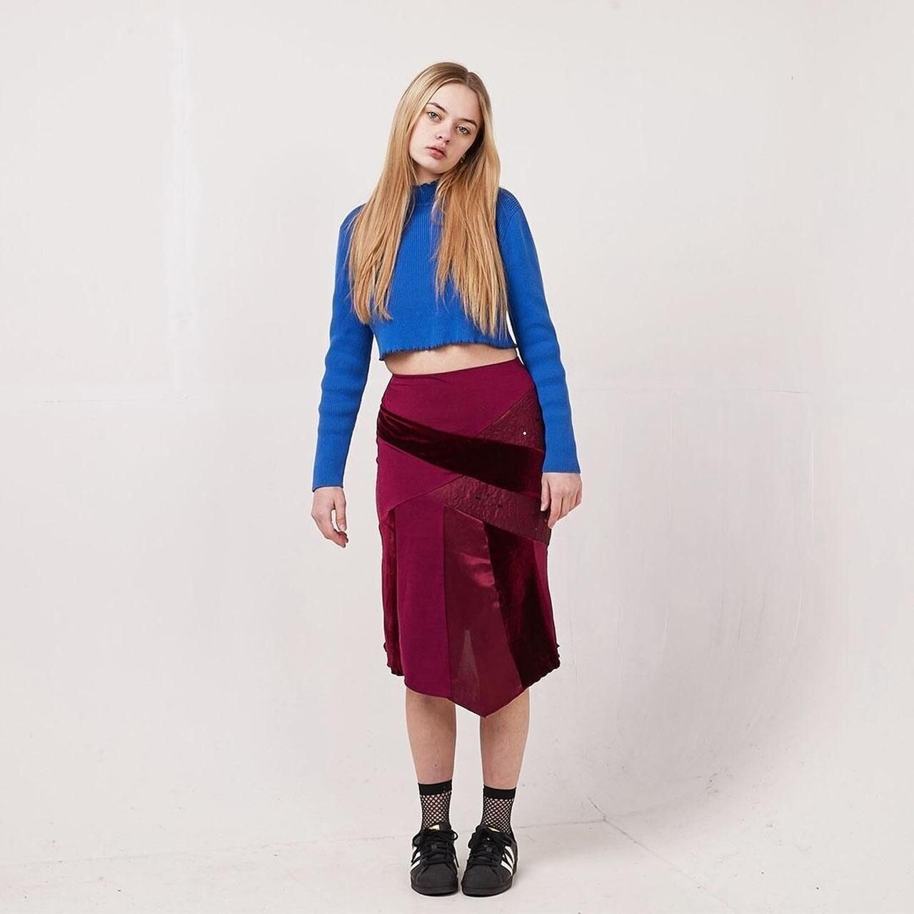 Bay Vintage 90's Maroon Patchwork A-Line Midi Skirt Womens UK 8 W26