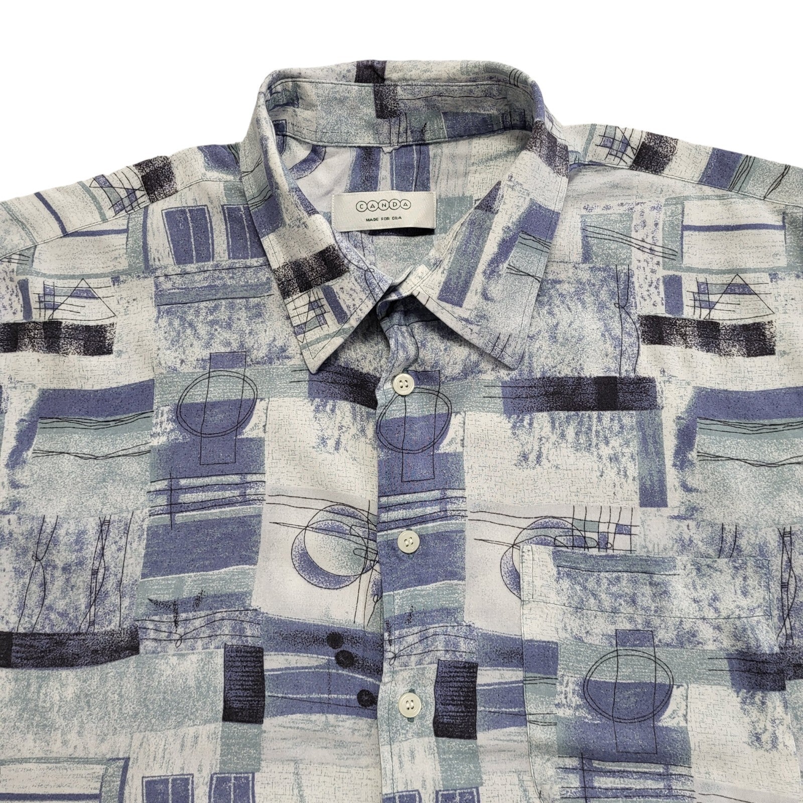 Canda Vintage 80's Blue Retro Abstract Short Sleeve Shirt Mens UK Size L