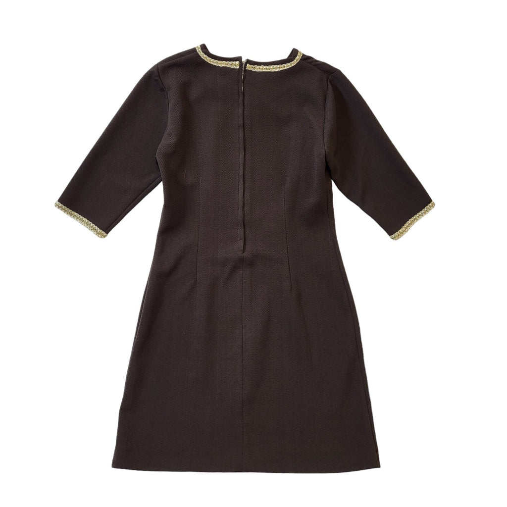 70s Vintage Brown Shift Dress With Gold Trim Women's Size 12