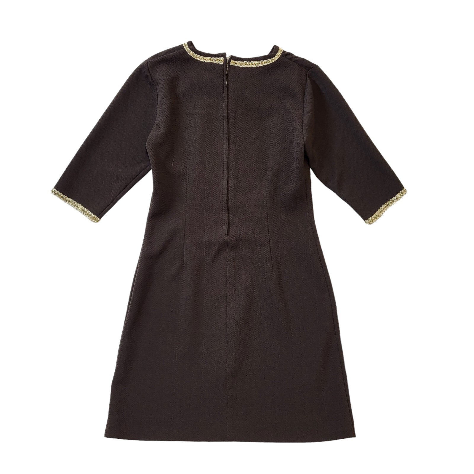 70s Vintage Brown Shift Dress With Gold Trim Women's Size 12