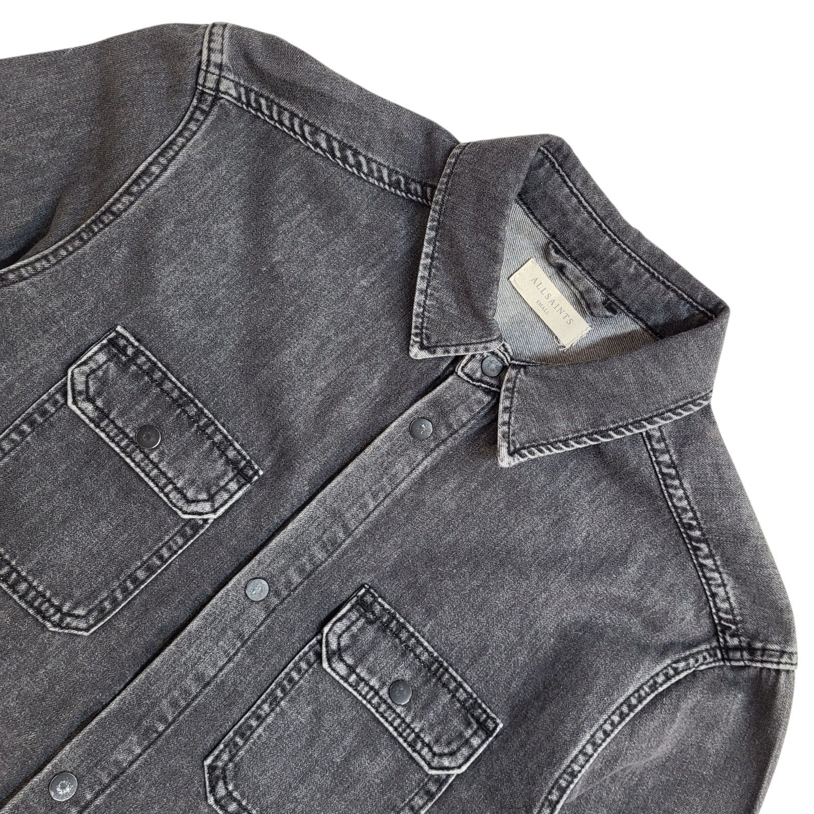 Allsaints Y2k Grey Pearl Snap Long Sleeve Cowboy Denim Shirt Men's UK Size S
