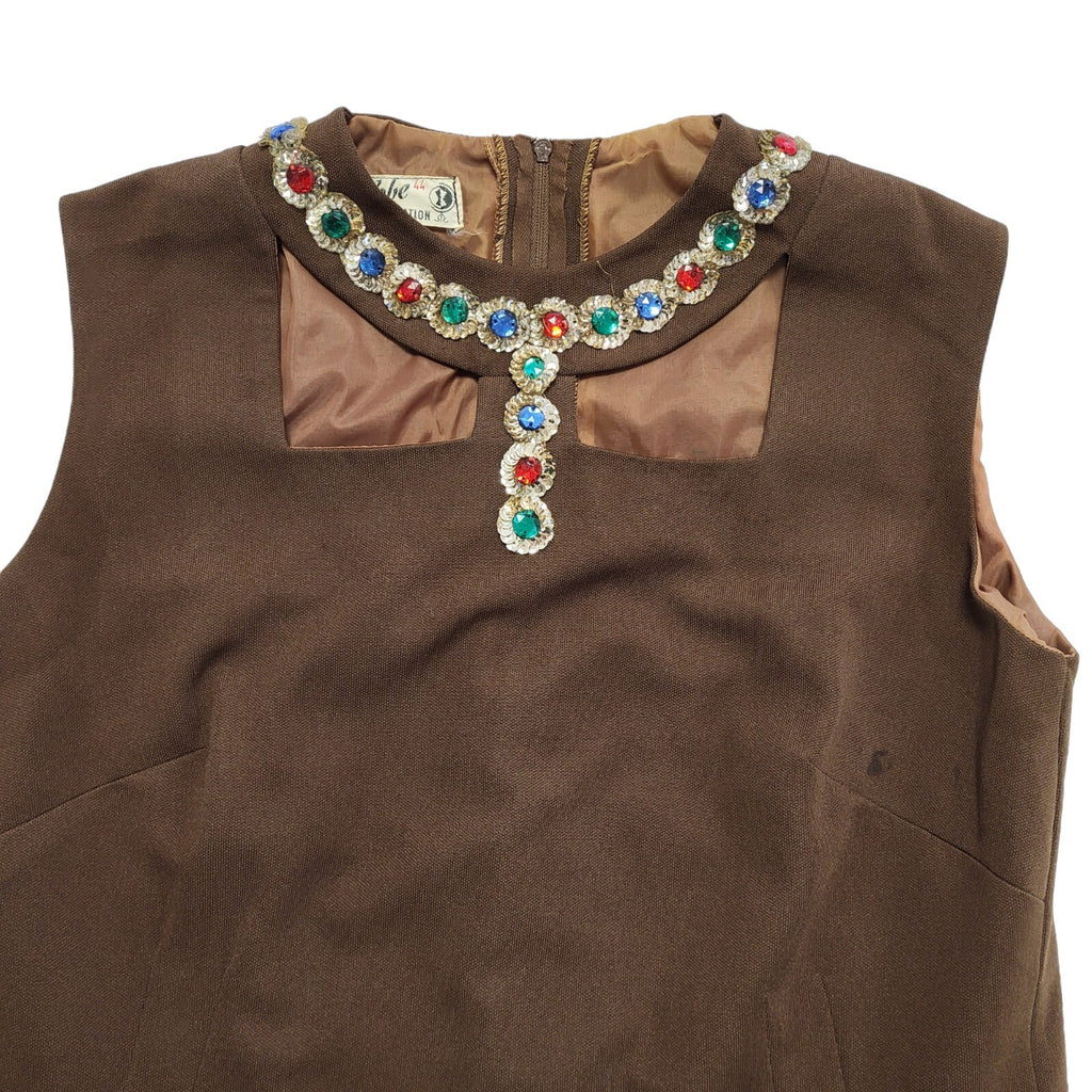 70s Vintage Ma Robe Brown Jewelled Neck Shift Dress Women's 12
